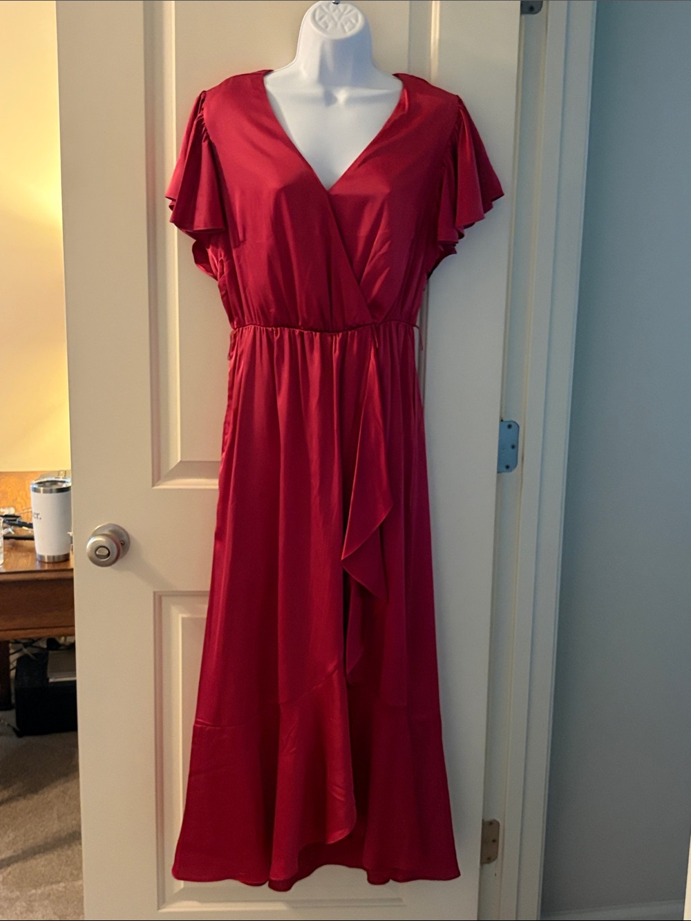 Nicole Miller Red V-Neck Flutter Sleeve Midi Dress